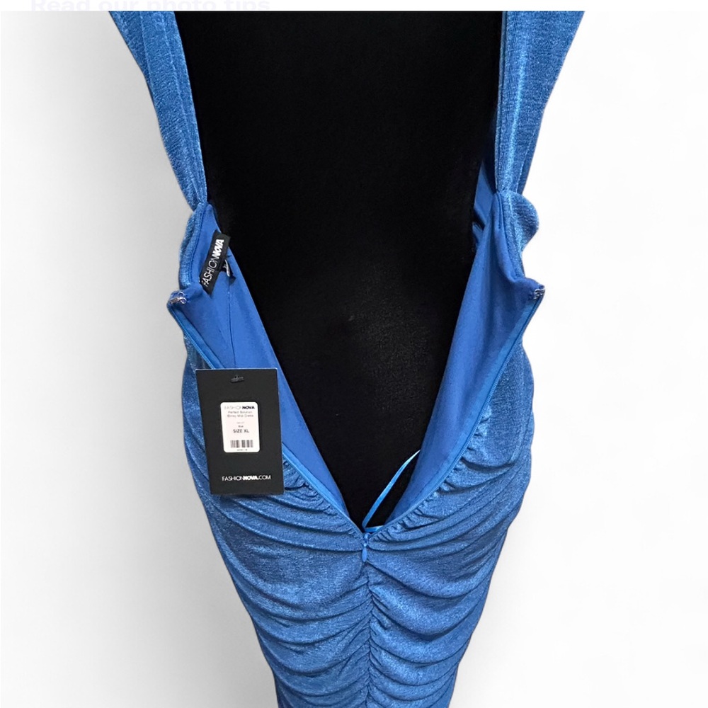 FASHION NOVA Blue Ruched Backless Maxi Dress V Neck Sleeveless XL NWT - Picture 3 of 8